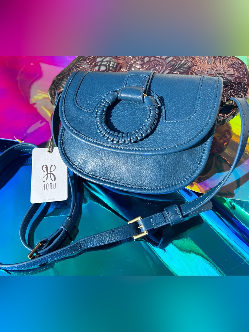 NWT HOBO Teal Blue Pebbled Leather Crossbody with Braided Ring. Small